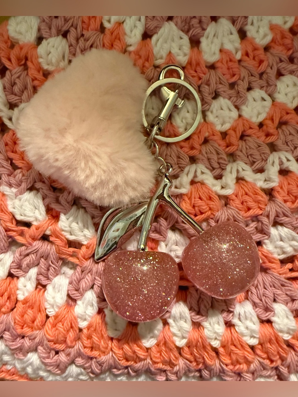 Pink Glitter Cherry Silver Colored Keychain/ Bag Charm/W Pom Pom Adorable!! 🥰 🍒